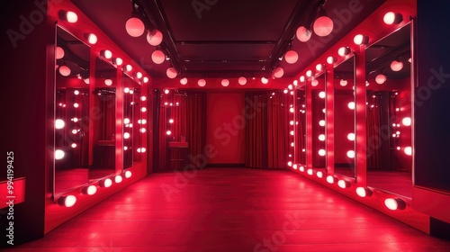 Red lit dressing room with mirrors and lights