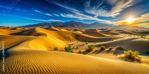 Expansive Golden Sand Dunes at Dumont Dunes, California Under Clear Blue Sky and Bright Sunlight photo