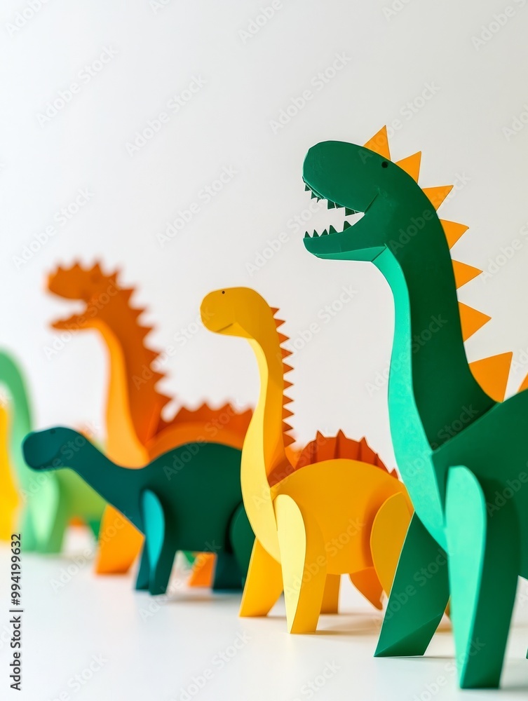 A colorful lineup of paper dinosaurs in green, yellow, and orange, creating a playful and vibrant atmosphere. A colorful lineup of paper dinosaurs in green, yellow, and orange, creating a playful and vibrant atmosphere.