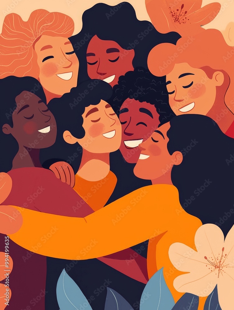 A joyful diverse group of friends sharing a warm embrace, surrounded by colorful flowers, radiating happiness and togetherness. A joyful diverse group of friends sharing a warm embrace, surrounded by colorful flowers, radiating happiness and togetherness.