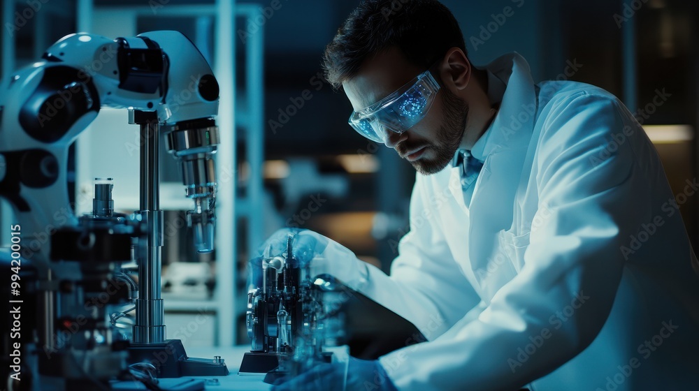 Human scientist working on AI robot in science lab. Generative AI. Human scientist working on AI robot in science lab. Generative AI.