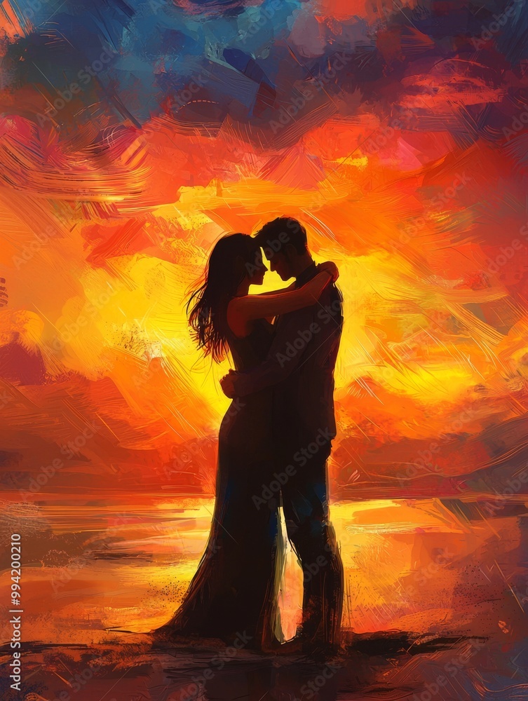 Silhouette of a couple embracing at sunset, surrounded by warm hues of orange and purple, evoking romance and passion. Silhouette of a couple embracing at sunset, surrounded by warm hues of orange and purple, evoking romance and passion.