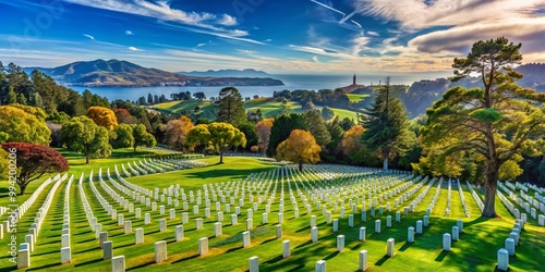 Expansive View of Golden Gate National Cemetery Surrounded by Lush Greenery and Majestic Trees photo