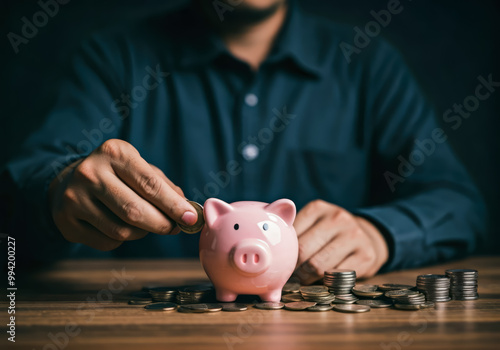 man entering coin of money to piggy saving, investment design