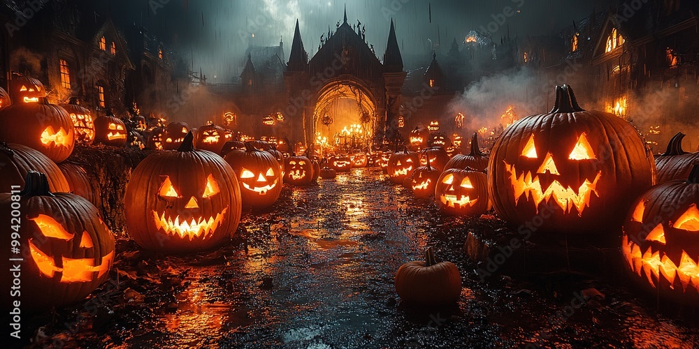 Walking Through a Dark Cave, Candles Set Up Inside and the Pumpkin Glows on Halloween Night. Traditional Halloween Symbol Walking Through a Dark Cave, Candles Set Up Inside and the Pumpkin Glows on Halloween Night. Traditional Halloween Symbol