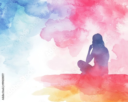 Silhouette of a woman in contemplation, surrounded by vibrant watercolor splashes in shades of blue, pink, and orange.
