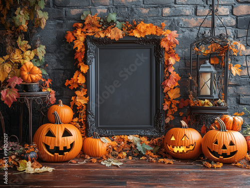 Halloween - Pusta czarna ramka na zdjęcie, obok leżą dynie  - 2 photo