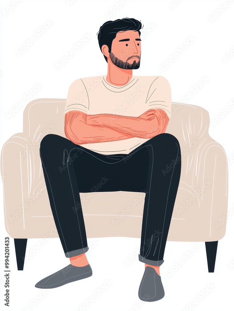 A young Hispanic man with a beard sits with crossed arms on a modern sofa, reflecting a contemplative mood. A young Hispanic man with a beard sits with crossed arms on a modern sofa, reflecting a contemplative mood.