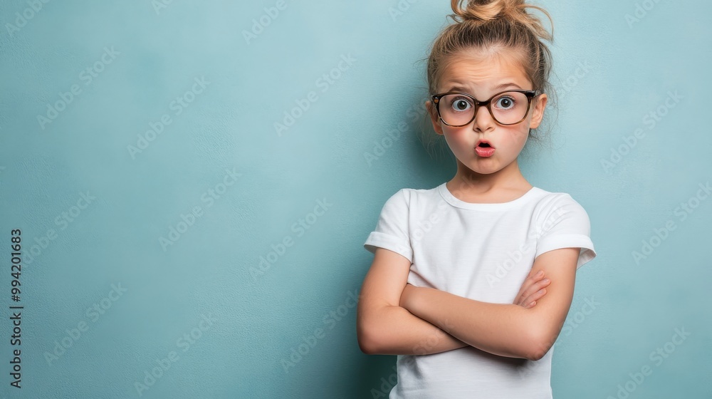 A young girl with glasses crosses her arms and purses her lips in a playful expression against a light blue background A young girl with glasses crosses her arms and purses her lips in a playful expression against a light blue background