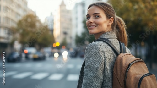 Smiling Woman Walking Through a Busy City Street