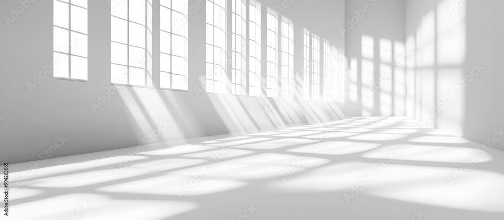 Fototapeta premium Abstract 3D studio background in white and grey for cosmetic product presentations Features an empty room with window shadows and a blurred backdrop for product display