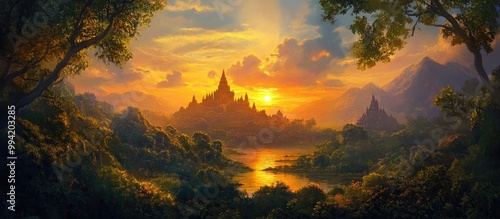 Painting of a sunrise illuminating a valley with a historic temple seen in the background