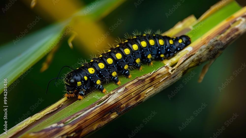Tiny Caterpillar on a Sugarcane Plant – Representation of Nature’s Growth, Life Cycle, and Transformation in the Agricultural Environment Tiny Caterpillar on a Sugarcane Plant – Representation of Nature’s Growth, Life Cycle, and Transformation in the Agricultural Environment