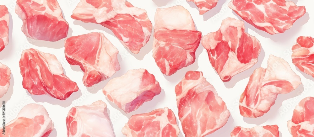 Pattern of raw pork meat pieces on a white background viewed from above Pattern of raw pork meat pieces on a white background viewed from above