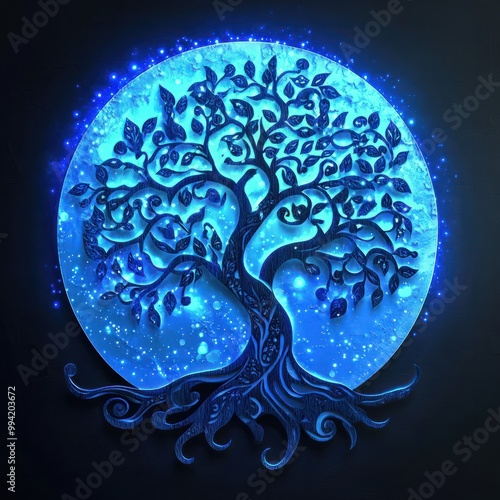 Sacred tree of life symbol abstract decoration crafted from wood. Blue Night moonlight shower. Postproducted digital illustration. photo