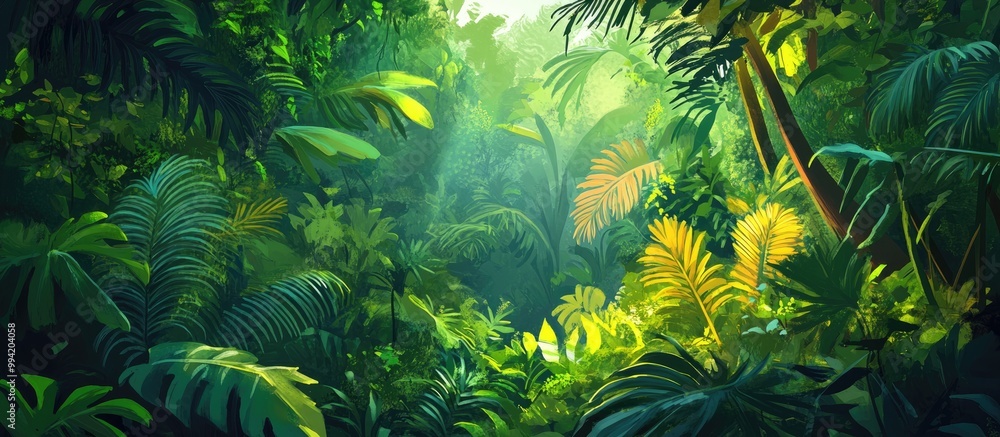 Fototapeta premium Tropical rainforest landscape artwork depicting vibrant greenery and rich biodiversity of a lush forest environment
