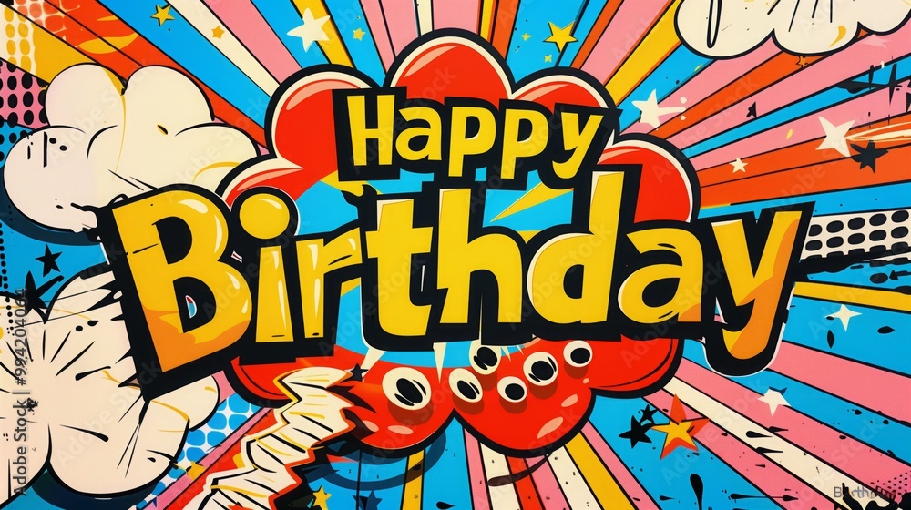 Obraz premium A colorful, comic book style poster with a large starburst