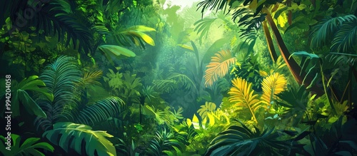 Fototapeta Naklejka Na Ścianę i Meble -  Tropical rainforest landscape artwork depicting vibrant greenery and rich biodiversity of a lush forest environment
