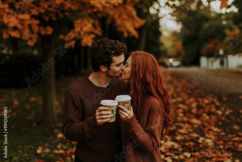 Couple kissing with coffee cups in autumn park photo