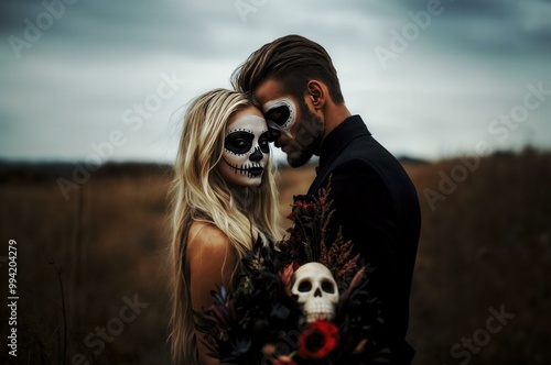 Romantic Halloween Couple with Sugar Skull Makeup and Bouquet photo