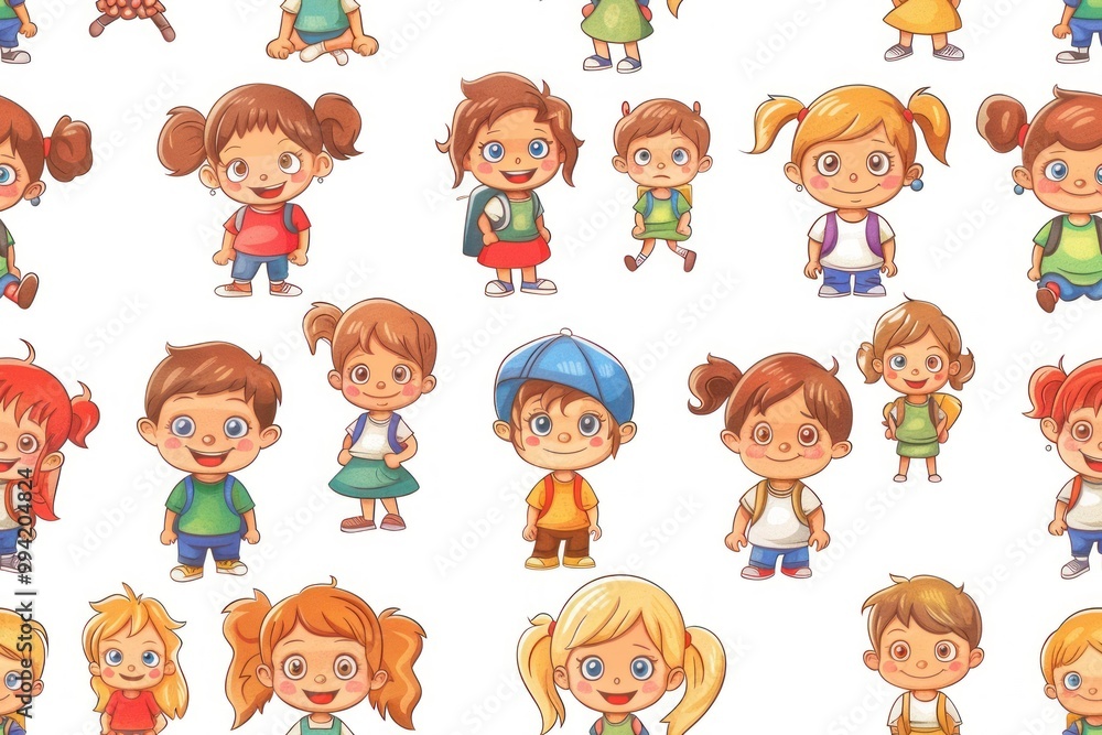 seamless background with various schoolchildren cartoon style isolated on white, colorful, funny, positive seamless background with various schoolchildren cartoon style isolated on white, colorful, funny, positive
