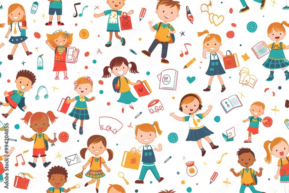 seamless background with various schoolchildren cartoon style isolated on white, colorful, funny, positive seamless background with various schoolchildren cartoon style isolated on white, colorful, funny, positive