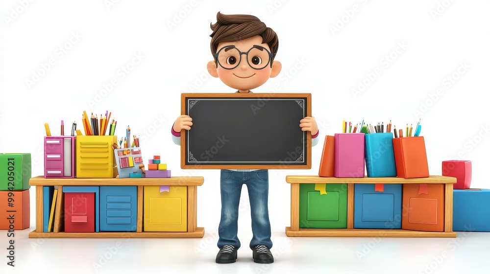 Cheerful Teacher Holding a Chalkboard in Class Setting Cheerful Teacher Holding a Chalkboard in Class Setting