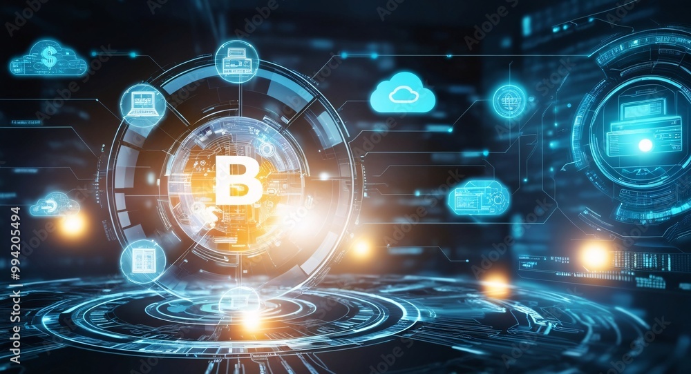 Obraz premium Global Blockchain Network: Futuristic digital rendering of a glowing 'B' symbol representing Bitcoin or Blockchain technology, embedded within a complex network of interconnected data points, servers.