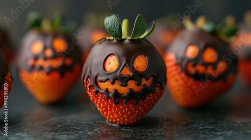 Halloween-Themed Chocolate Covered Strawberries with Jack-O'-Lantern Faces, Festive and Fun Dessert for Spooky Celebrations, Perfect for Halloween Parties and Autumn Treats photo