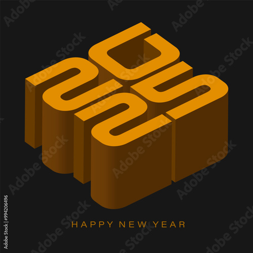 2025 New year volumetric numbers golden 3d render on black background, geometric design