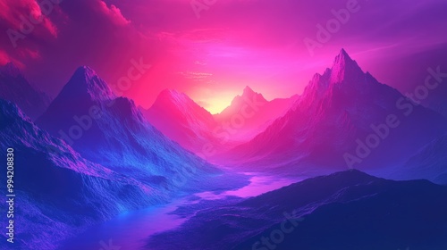 3D rendering of an abstract surreal landscape featuring large fantasy mountains illuminated by neon blue purple and red gradient lights