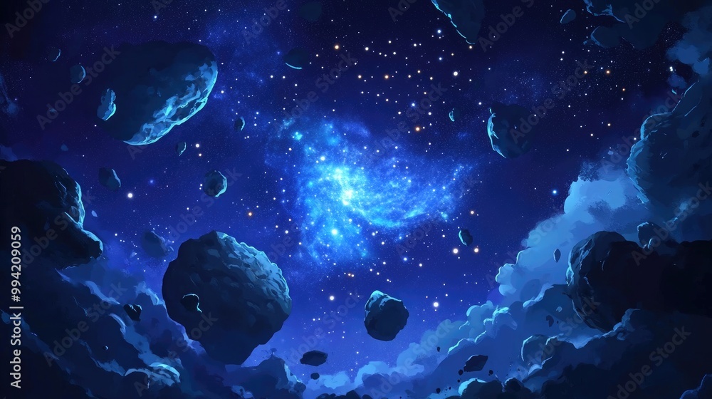 Cartoon blue space backdrop featuring a luminous galaxy nebula floating rocks and planets in a dark starry sky Depiction of a new star s birth in a fantastical alien cosmos 2D illustration Cartoon blue space backdrop featuring a luminous galaxy nebula floating rocks and planets in a dark starry sky Depiction of a new star s birth in a fantastical alien cosmos 2D illustration