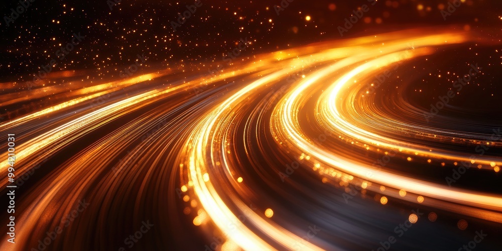 Abstract light trails of high speed motion featuring sparkles and golden hues Glowing curves and dynamic lines represent movement and energy