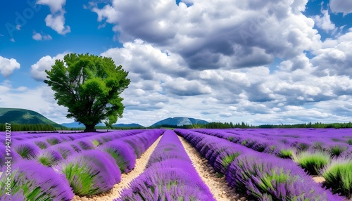 Lavender fields of Bleu Lavande in Stanstead, Quebec, Canada, showcasing vibrant purple blooms under a clear blue sky photo