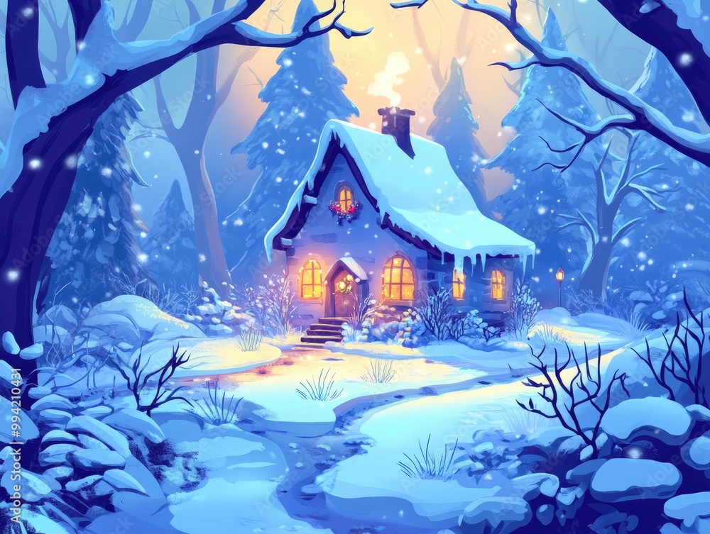 Fototapeta premium Enchanting winter forest with a whimsical cottage featuring a magical atmosphere perfect for the holiday season illustrated in vibrant 2D cartoon style