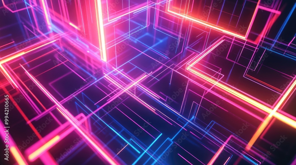 Neon glowing tech lines create a hi tech futuristic abstract background featuring geometric square shapes Neon glowing tech lines create a hi tech futuristic abstract background featuring geometric square shapes