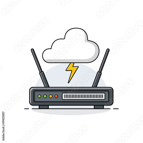 Router with Cloud and Thunder Vector Illustration. No Connection Concept Design