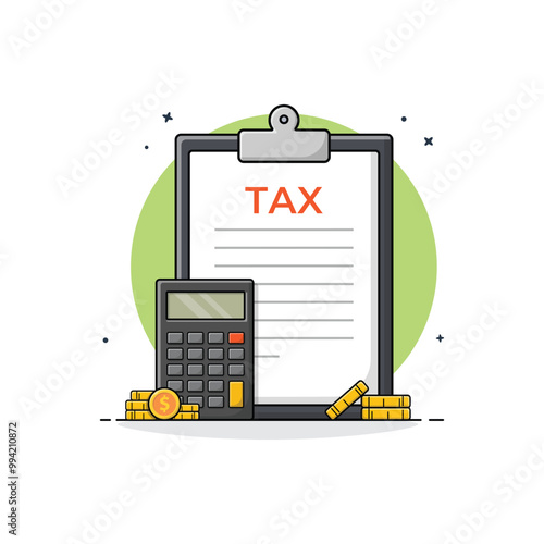 Tax Paper with Calculator and Gold Coin Vector Illustration. Taxation Concept Design