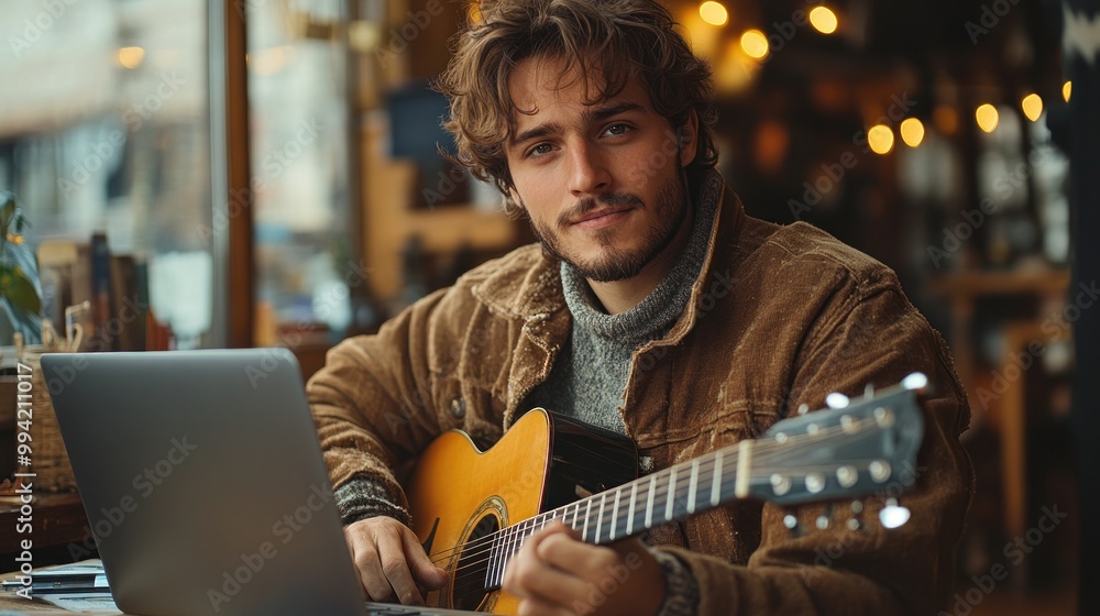 Obraz premium young man or musician with laptop computer playing guitar sitting at table