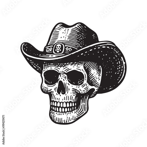 Skull in a cowboy hat. Black and white hand drawn ink sketch