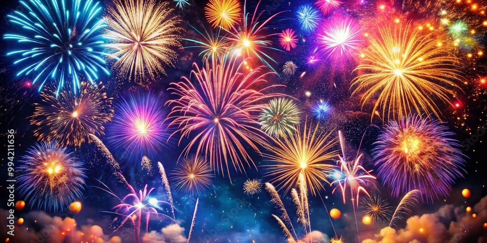 Naklejka premium Festive Celebration of New Year with Colorful Fireworks and Sparkling Decorations in Night Sky