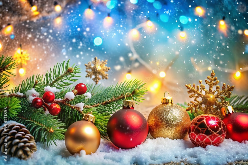 Obraz premium Festive Christmas Background with Snowflakes, Ornaments, and a Cozy Winter Wonderland Scene