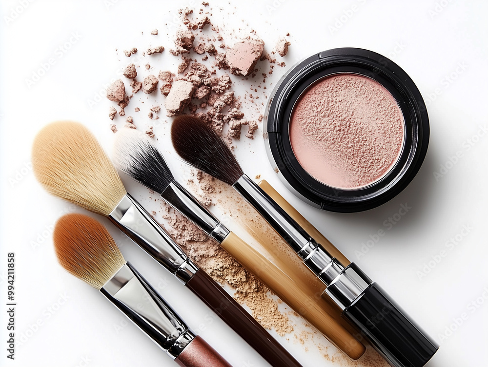 A collection of makeup brushes and powder containers on a white background A collection of makeup brushes and powder containers on a white background