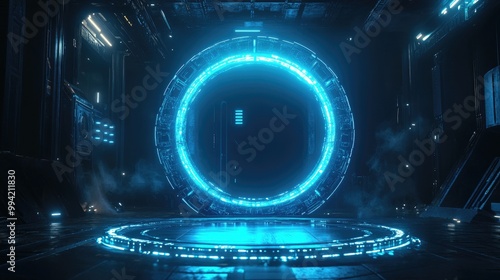 Teleportation podium with portal design Futuristic sci fi stage featuring digital high tech elements in HUD projections Magical gate for fantasy gaming with virtual reality 3D interface Warp ring c