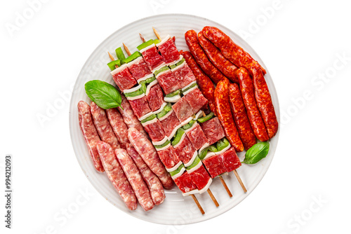 raw sausage meat assorted juicy pork, beef fresh delicious gourmet food background on the table rustick food top view copy space