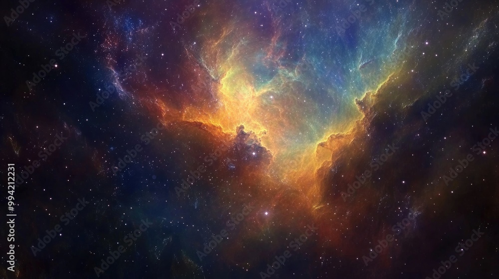 Naklejka premium Colorful nebula and stars scattered across the vastness of space Abstract fractal artistic representation