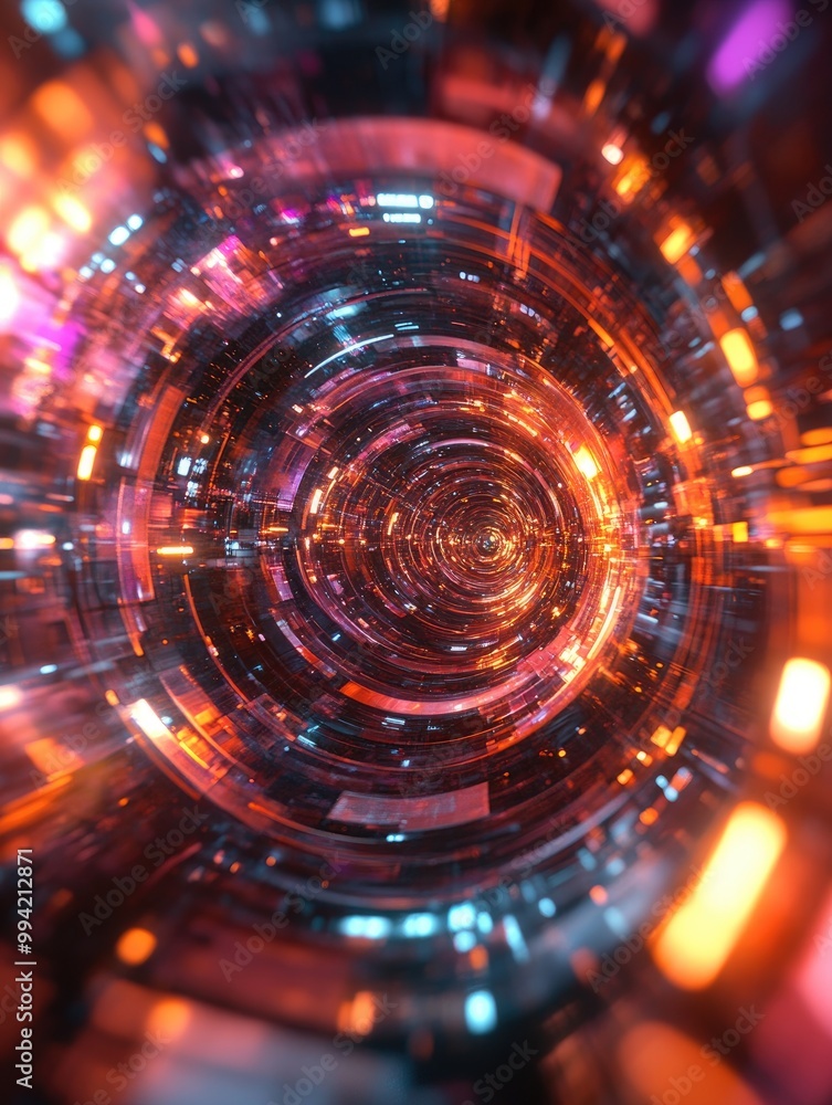 Abstract 3D rendering of a circular core with luminous light effects in a vibrant background Abstract 3D rendering of a circular core with luminous light effects in a vibrant background