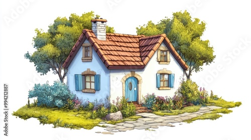 Wallpaper Mural Cozy cottage in a woodland setting featuring a charming 2D cartoon style set against a clean white backdrop Torontodigital.ca