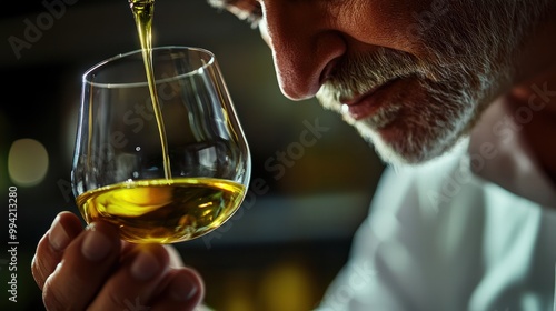 An olive oil sommelier expertly swirling and sniffing freshly pressed olive oil in a tasting glass, capturing the sensory experience and expertise involved in evaluating the qualit
