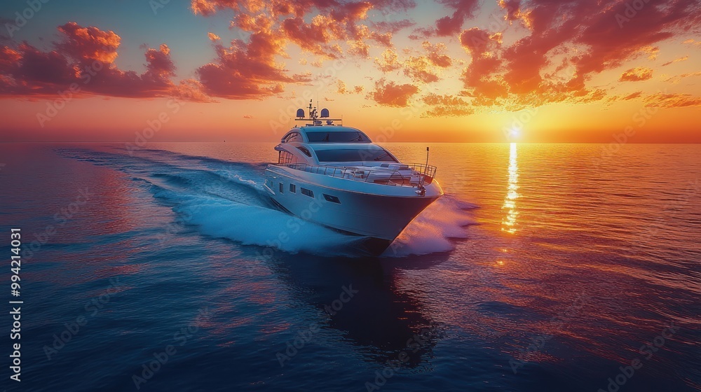 sunset on the sea and luxury motorboats sailing on the sea